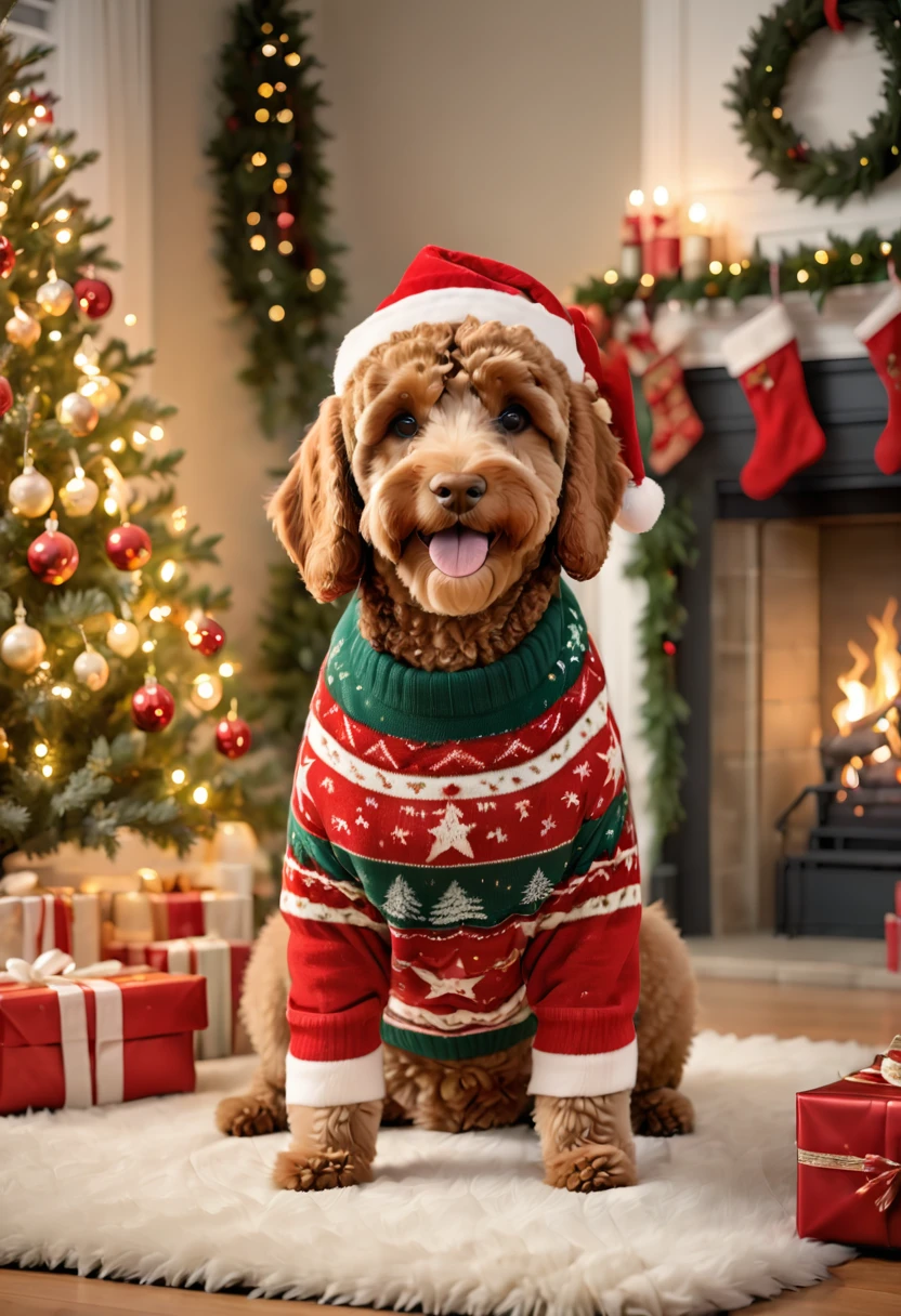 A brown Cavapoodle dressed in a festive holiday sweater and Santa hat, sitting next to a decorated Christmas tree with presents. The background is a cozy living room with a fireplace and holiday decorations