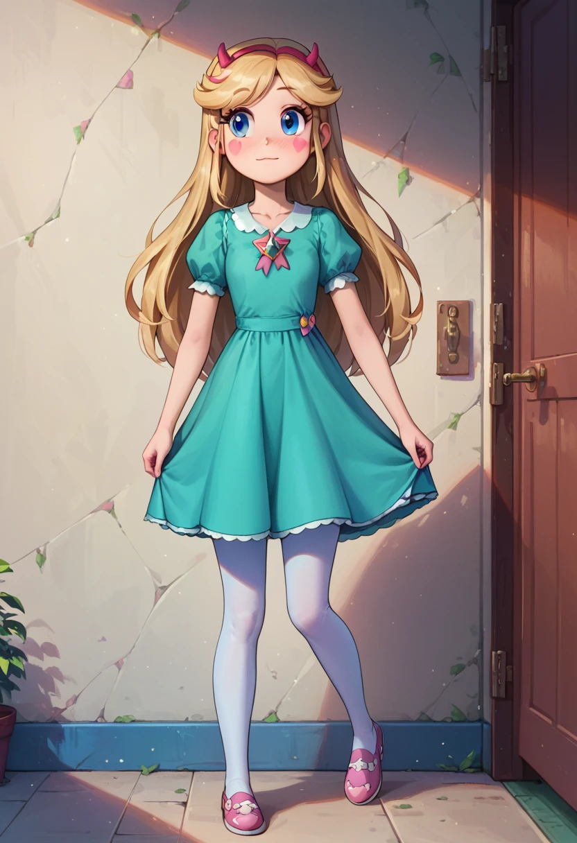 Star Butterfly, 1 girl, standing alone, ssmile, blush, looking ahead at viewer, blue colored eyes, green dress, age 28, marking, ((whole body)), coxas nuas, curves, nice legs, white stockings, japanese shoes, 正面, pose, best qualityer, no flaws