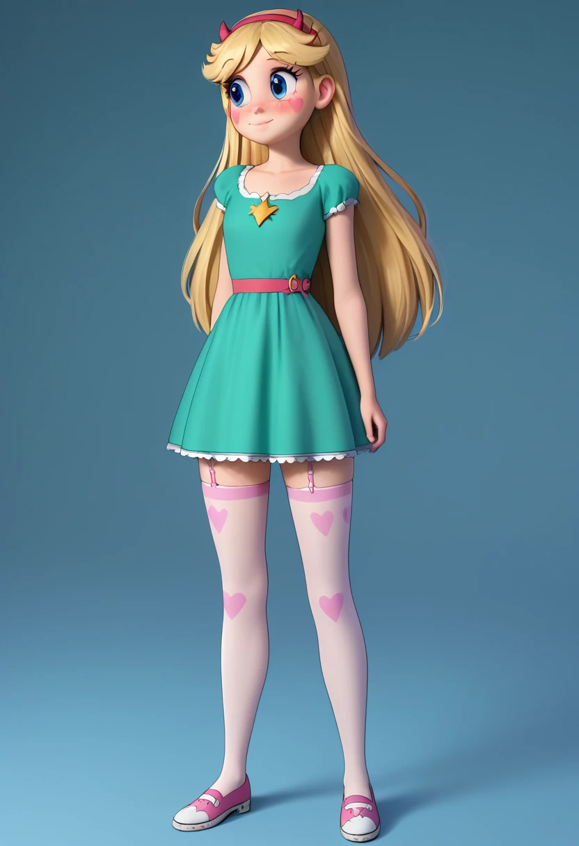 Star Butterfly, 1 girl, standing alone, ssmile, blush, looking ahead at viewer, blue colored eyes, green dress, age 28, marking, ((whole body)), coxas nuas, curves, nice legs, white stockings, japanese shoes, 正面, pose, best qualityer, no flaws