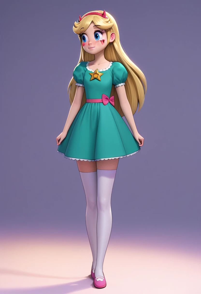 Star Butterfly, 1 girl, standing alone, ssmile, blush, looking ahead at viewer, blue colored eyes, green dress, age 28, marking, ((whole body)), coxas nuas, curves, nice legs, white stockings, japanese shoes, 正面, pose, best qualityer, no flaws