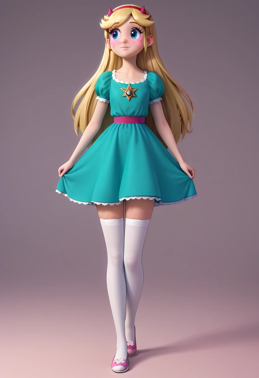 Star Butterfly, 1 girl, standing alone, ssmile, blush, looking ahead at viewer, blue colored eyes, green dress, age 28, marking, ((whole body)), coxas nuas, curves, nice legs, white stockings, japanese shoes, 正面, pose, best qualityer, no flaws