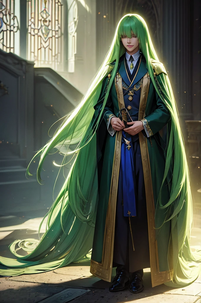 a  with long green hair down to his feet, straight green hair, bangs covering his eyes, with a sweet smile, wearing elegant princely child's clothing, fantasy creature, highly detailed, photorealistic, 8k, masterpiece, cinematic lighting, dramatic shadows, vivid colors, beautiful digital painting, concept art