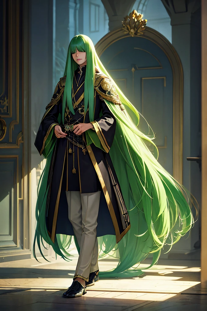 a  with long green hair down to his feet, straight green hair, bangs covering his eyes, with a sweet smile, wearing elegant princely 's clothing, fantasy creature, highly detailed, photorealistic, 8k, masterpiece, cinematic lighting, dramatic shadows, vivid colors, beautiful digital painting, concept art