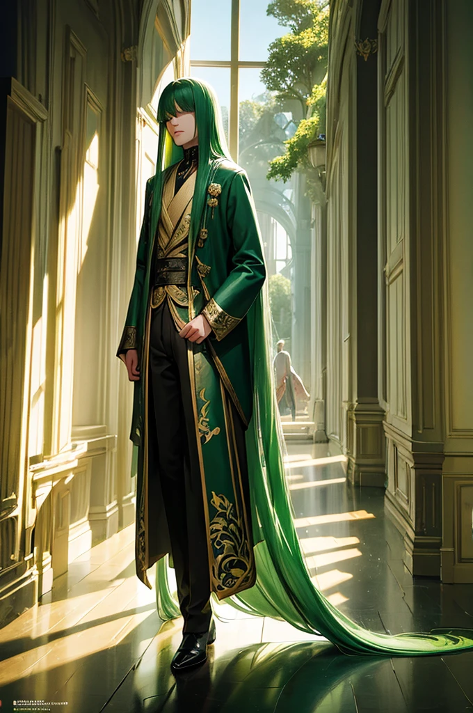 a  with long green hair down to his feet, straight green hair, bangs covering his eyes, with a sweet smile, wearing elegant princely child's clothing, fantasy creature, highly detailed, photorealistic, 8k, masterpiece, cinematic lighting, dramatic shadows, vivid colors, beautiful digital painting, concept art