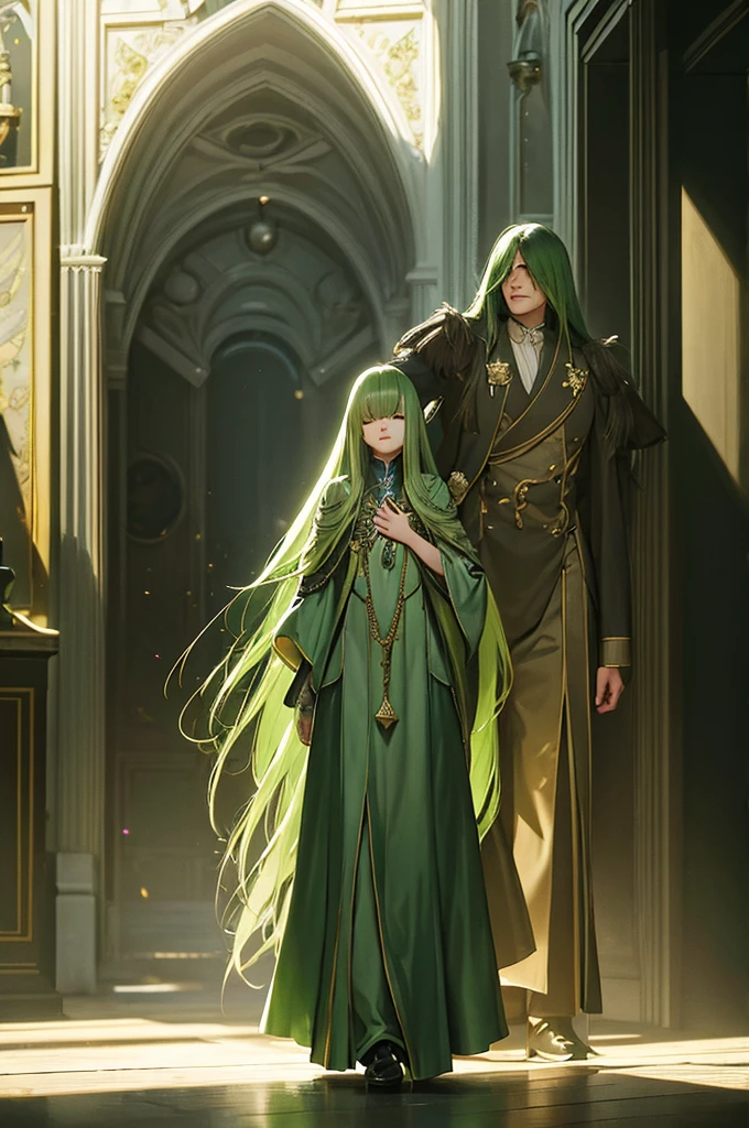 a  with long green hair down to his feet, straight green hair, bangs covering his eyes, with a sweet smile, wearing elegant princely child's clothing, fantasy creature, highly detailed, photorealistic, 8k, masterpiece, cinematic lighting, dramatic shadows, vivid colors, beautiful digital painting, concept art