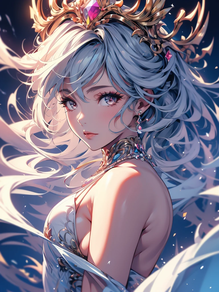 There is a woman in a long white dress her thighs show, neckleace, a thin, long crown in the center of your head, the beautiful fantasy queen, long white hair with streaks of blood at the ends, (((thick))), fully body, a work of art in the Guvez style. 5d cgi anime fantasy art, High-quality, detailed artwork in 8K
