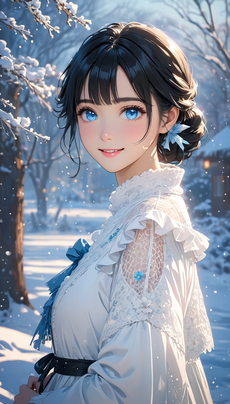 (((masterpiece))),best quality,illustration,4k wallpaper,movie lighting,absurd,1 girl,(snow,ice),in winter,black hair,shiny hair,medium hair,blue eyes,white clothes,frills,lace,leave_Shoulder,hair tie,masterpiece,telephoto lens,absurd,Exquisite face,features,natural light,soft light,(Seven-part combination),epic,Dreamy and magical,mystery,smile,shy,