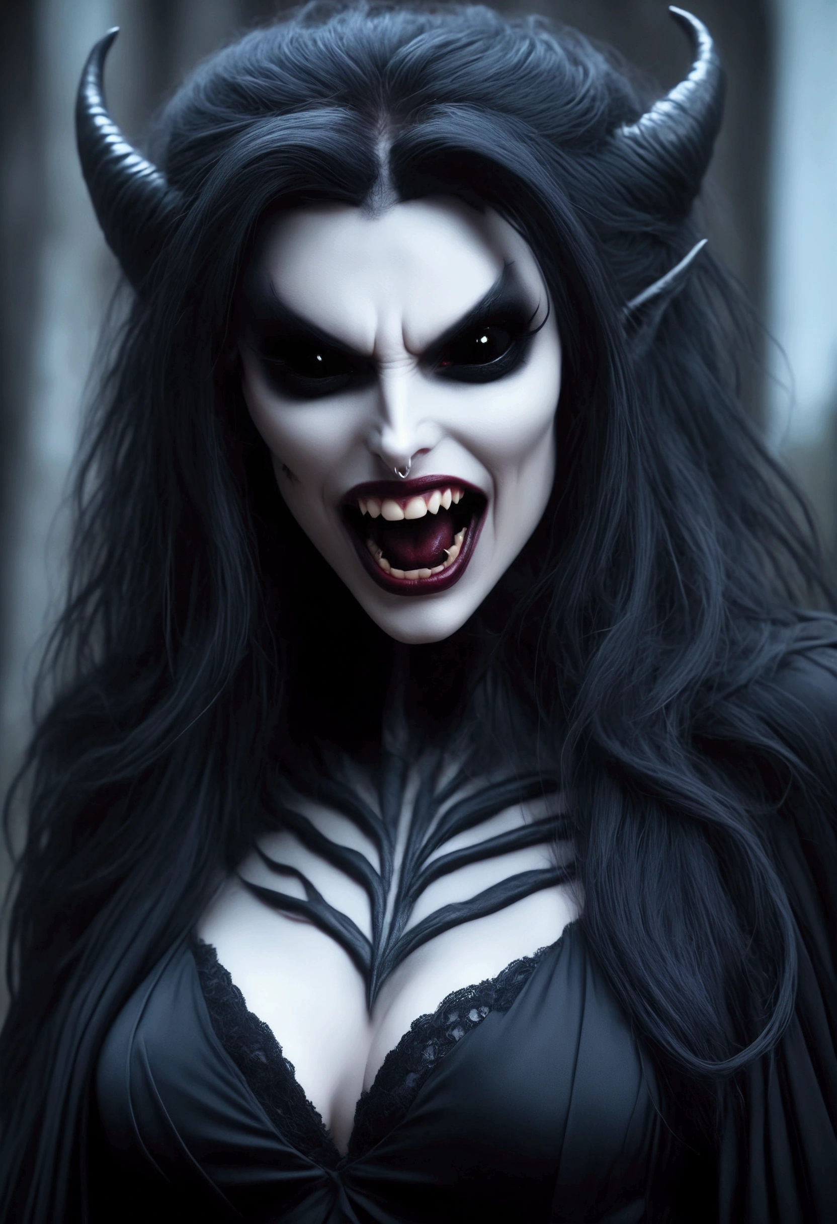 seductive vampire woman, busty and long black hair, Reality, pale skin, Sharp fangs, dark eyes, Open mouth with sharp teeth, open hair, Gothic attire, Canon,4K, Arcane, sinister, Grusel, Gothic, High 8K image quality, Detailbild 16K.
