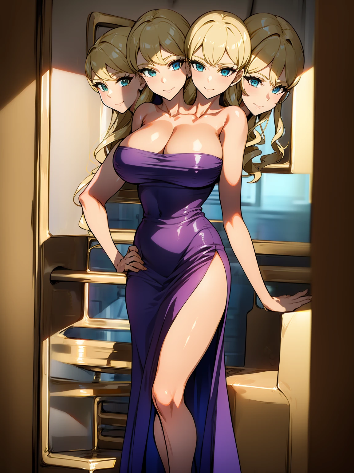 (16K), (2heads:1.5), 1girl,  two headed woman, smiling, highres, masterpiece, ((blonde hair)), ((different hair color)), cleavage, ((golden yellow dress:1.5)), lustrous and smooth skin, (mature woman), (blue eyes), ((queen dress)), seductive silhouette, ((slim hips)), (one-sided strapless beige top), (beige skirt), blouse, looking sexy, beautiful, tight, tight dress, long hair