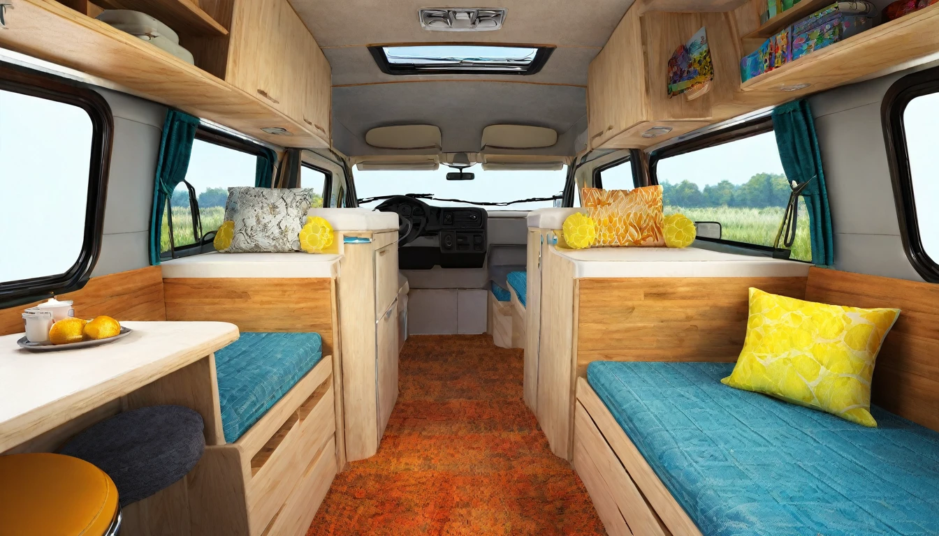 Campervan interior,Highest quality, 8k, High resolution, masterpiece:1.2, Very detailed, Realistic:1.37, High resolution, 超High resolution, Ultra-fine painting, Very detailed, Professional, Vibrant colors