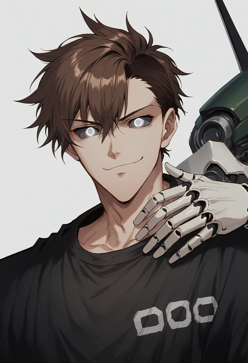 (Anime, 1guy, brown hair, grey eyes, dark punk clothes, punk clothes, portrait, Robot guy, Mecha, Android, joint limbs, robot joints, facial joints, metal pale skin, black sclera, no mouth, glowing eyes, no face, smug face), score_9, score_8_up, score_7_up