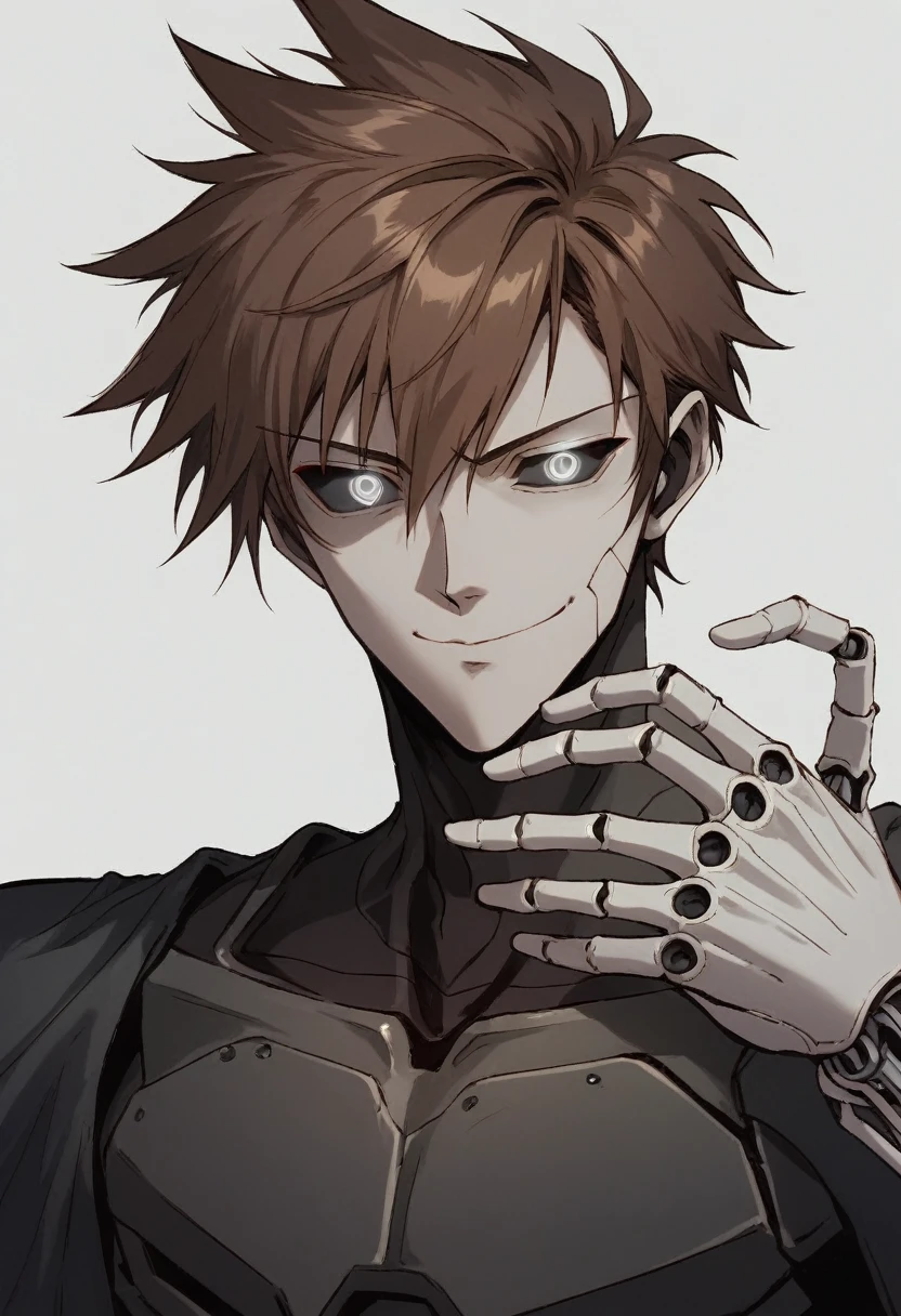 (Anime, 1guy, brown hair, grey eyes, dark punk clothes, punk clothes, portrait, Robot guy, Mecha, Android, joint limbs, robot joints, facial joints, metal pale skin, black sclera, no mouth, glowing eyes, no face, smug face), score_9, score_8_up, score_7_up