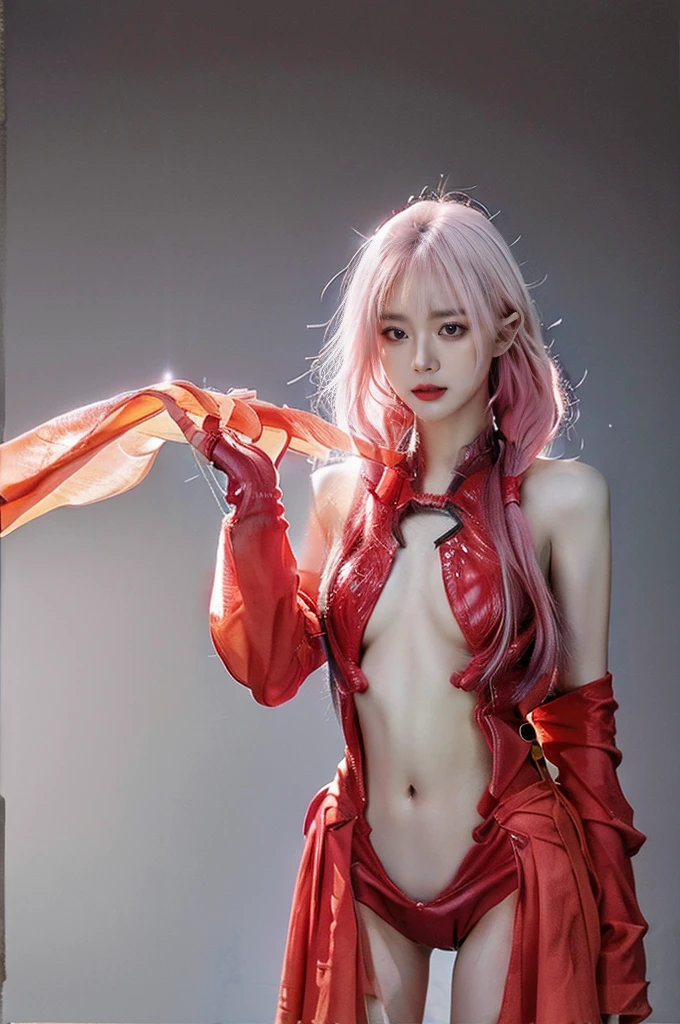 best quality, 1080P, Masterpiece, Whole body photo, Ultra high resolution, photorealistic photo, ultra realism, Realistic skin texture, pink hair, Extreme skin detail, dslr, Detailed eyes, Facing the camera, Very beautiful face, Firm facial structure, Pale skin, Realistic skin texture, Extreme skin detail, oc render reflection textures, Realistic light and shadow, One picture, alone, The body is slender and balanced.., Age 20, Height 170, สาวbare, bare, no underwear, Flat stomach, Woman with perfect mechanical arms and legs, full body view, Whole body photo,