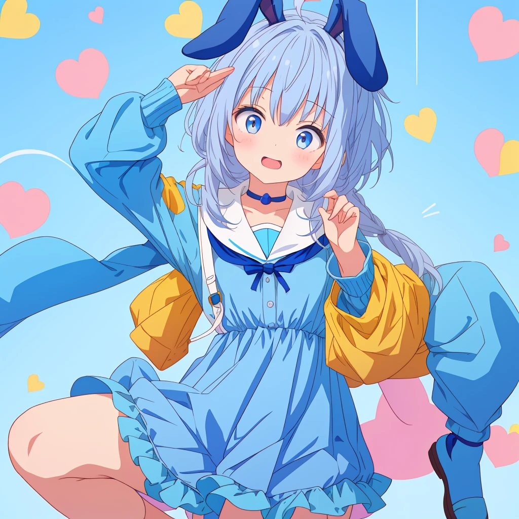 1girl,anime、A  wearing a blue rabbit costume、Cute pose