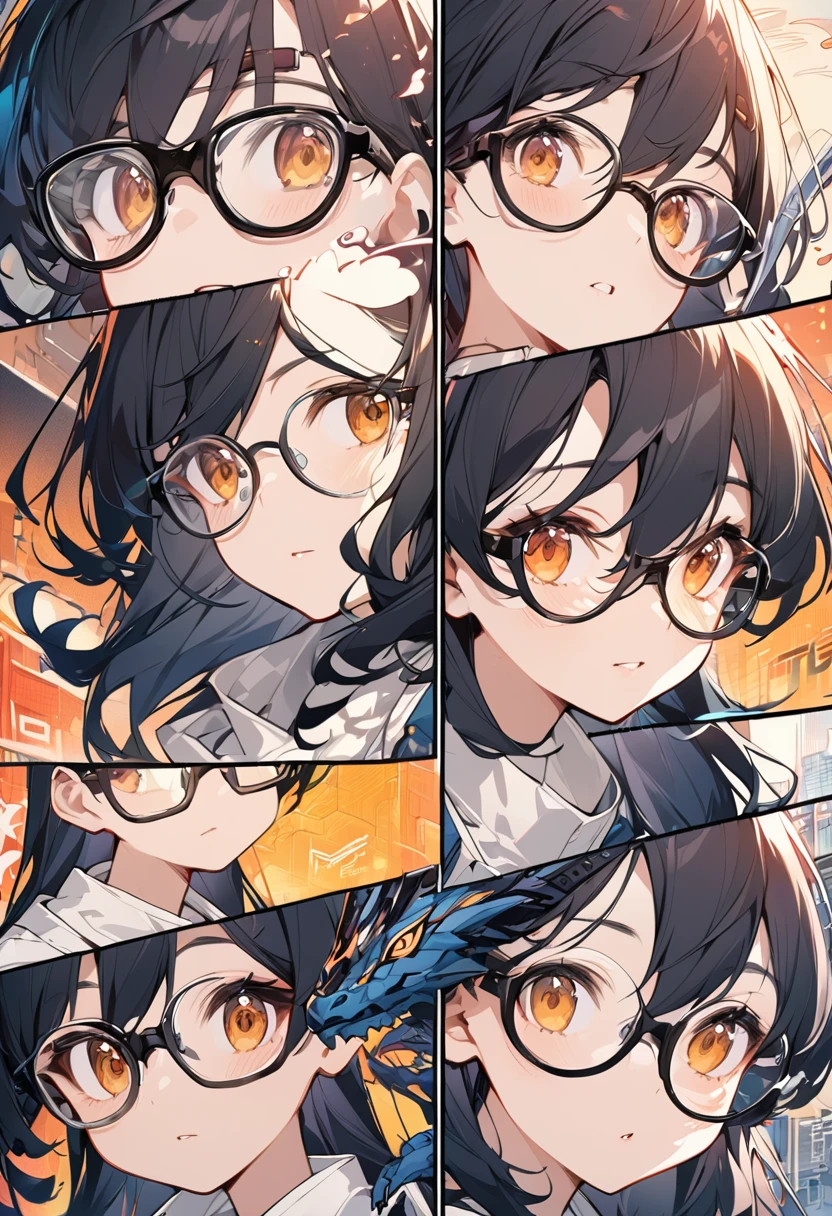 Girl,Wear tech glasses,Background with dragon,Guochao comic style,Delicate and complex brushstrokes,Cool feeling,Character Close-up,Smart expressions,Number,Urban feel,Artificial intelligence products