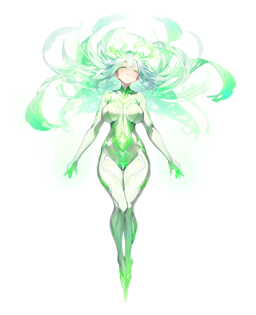 A naughty girl with a green wind motif,Pure white background,See-throughボディスーツ,Transparent skin,Little exposure,セクシーなSee-throughボディスーツ,エスニックdesigner bodysuit,ＳＦdesigner bodysuit,Green wind pattern,Green glowing pattern,See-through,whole body、Girl floating in the air,Accentuated body lines､Large Breasts,Sexy Design,Accentuated breasts,Almost naked,whole bodyのクローズアップ,Shiny bodysuit,Accentuated crotch,Emphasized milk,Complete limbs,Embossed Pattern