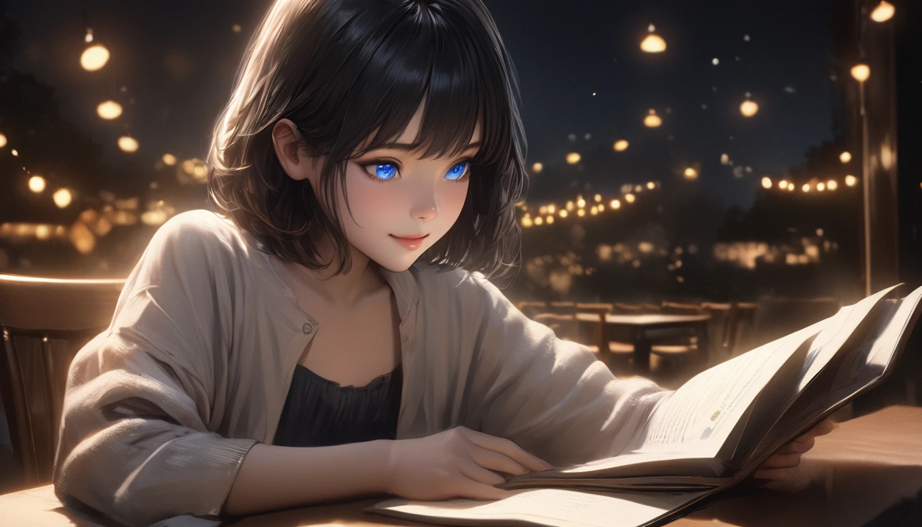 1girl, solo, blue eyes, (detailed eyes), gentle smile on her face flat chest, short hair, black hair, (masterpiece), (Masterpiece), Top quality, Perfect face, Expressive eyes, Knotty hair, Blue eyes, Cute girl, Reading book, (Night), Realistic, 4K, Complex, Detailed, Cosy lights, Perfect lighting, Trace light, Warm colours, Chair and table, Soft, Delicate, Tender, Night, Contrast, Vivid colours
INFO