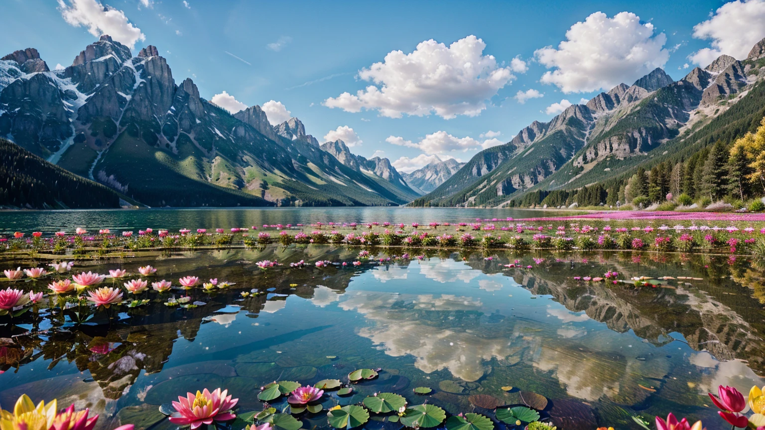 (create an ultra-high definition, hyper-realistic, highly detailed, high-quality image, sharp focus, professional lighting, vivid colors, warm tones and intricate details, representing in detail a beautiful valley on a sunny day, with lake high mountains in the background, water lilies and crystal clear water reflecting the clouds in the sky, colorful flowers, lively atmosphere and relaxed attitude, meticulously capturing every intricate detail),