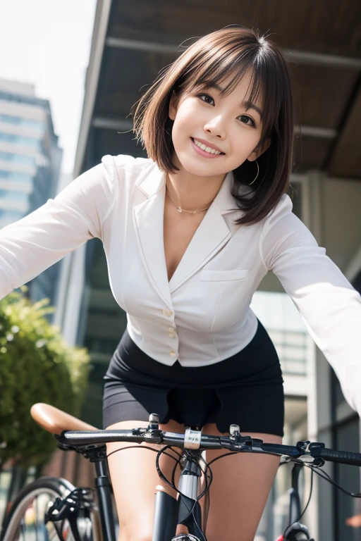(RAW Photos), (Realistic), (masterpiece), (Highest quality), High resolution, 8k resolution, (Exquisite detail), (Volumetric Light), woman, Age 35, short hair, Straight hair, Brown haired, Very thin, Very white and clear skin,Highly detailed eyes, Source Sequence, Very thin eyebrows, eyelash,Ultimate beauty,Cute like an idol, smile, (office suits), Sit in the saddle,Beautiful breasts,Beautiful Japanese office lady, Pleated skirt, Random Color, Cute Face, Real Light, Correct Anatomy, ride a bicycle:1.4、Mommy bike:1.4, There is a basket, Low saddle,Moving bicycle, (((非常にLow saddle, Sit in the saddle))),pedalをこぐ,Hold the handlebars with both hands,Look straight ahead,womanは視聴者を見ていない, pedal, From below1.4、(((Low angle 1.4))), In the city, (((I can see her panties))), Beautiful long legs, (((かなりFrom below:1.4))), Thin thighs, womanをFrom below見上げる視聴者,From below,From below,(((Low angle full body shot, Black pumps,かなりFrom belowの角度, focus on the saddle, Zoom from ground level,From a dog's eye level))), womanは前傾姿勢ではない, Not a car, From diagonally ahead, 視聴者はFrom belowwomanの股間を見上げる,I can see her knees,womanは片膝をあげる, low angle: 1.4, focus her knee,In town