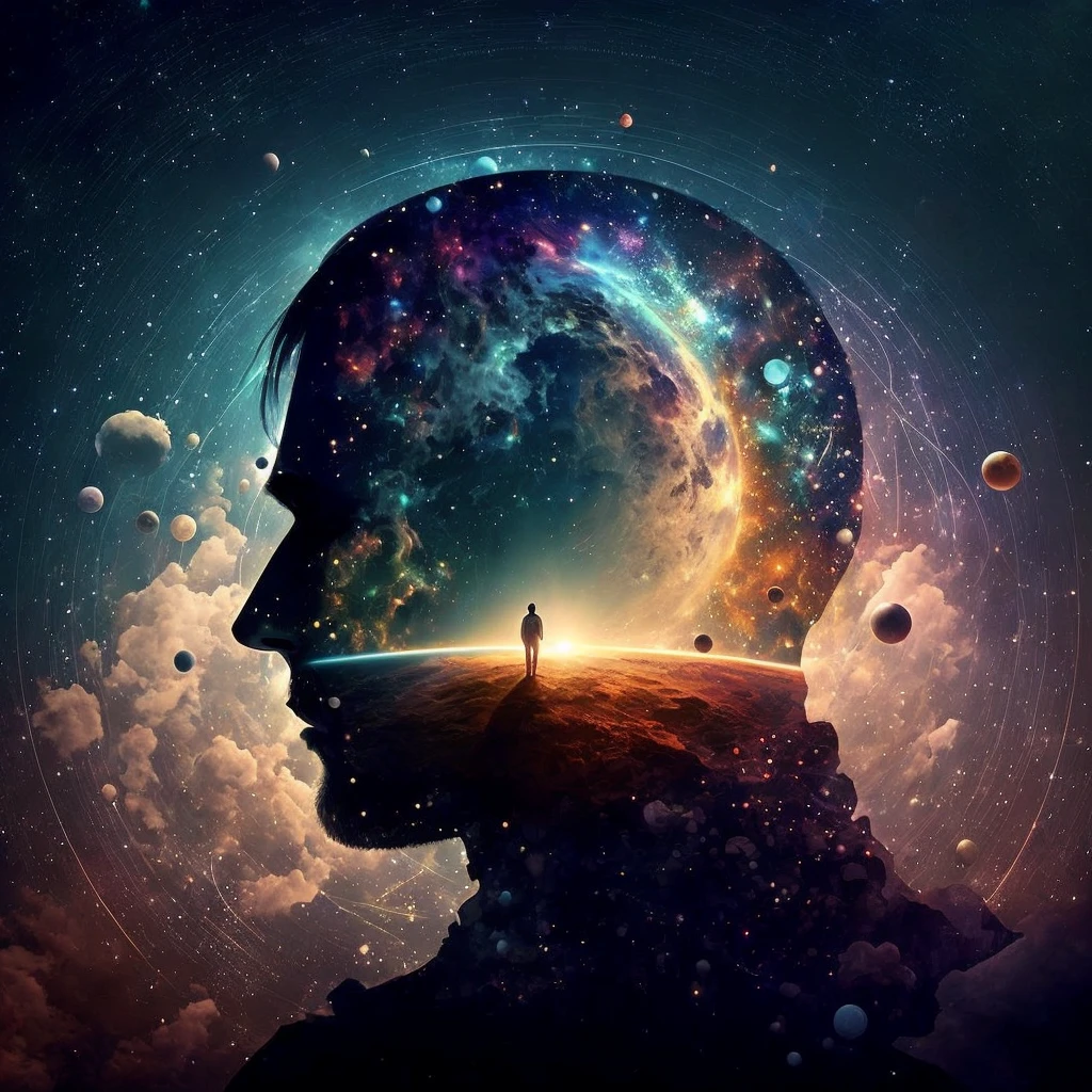 A man standing before a space full of planets, sua mente contemplando a eternidade, consciousness projection, rosto derretendo no universo, they reach into his mind, the rise of consciousness, elevated consciousness, mind exploration, rasing of consciousness, infinite consciousness, cosmic enlightenment, no plano astral ) ) ), um ser interdimensional, distributed consciousness