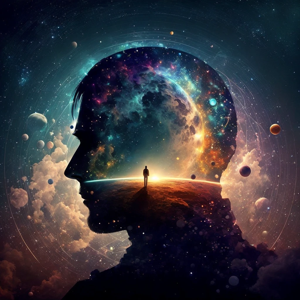 A man standing before a space full of planets, sua mente contemplando a eternidade, consciousness projection, rosto derretendo no universo, they reach into his mind, the rise of consciousness, elevated consciousness, mind exploration, rasing of consciousness, infinite consciousness, cosmic enlightenment, no plano astral ) ) ), um ser interdimensional, distributed consciousness