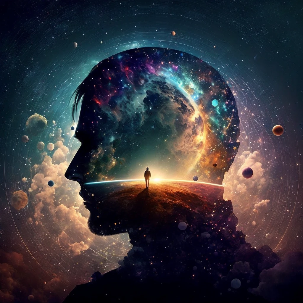 A man standing before a space full of planets, sua mente contemplando a eternidade, consciousness projection, rosto derretendo no universo, they reach into his mind, the rise of consciousness, elevated consciousness, mind exploration, rasing of consciousness, infinite consciousness, cosmic enlightenment, no plano astral ) ) ), um ser interdimensional, distributed consciousness