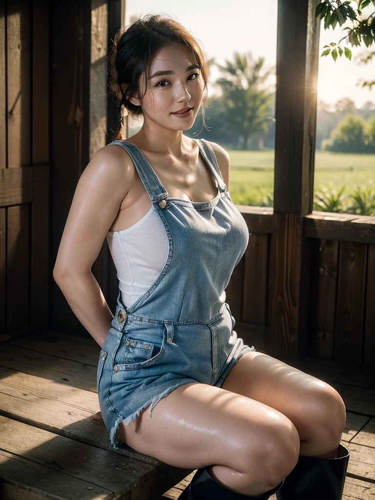 (Best quality, 8k, 32k, Masterpiece, UHD:1.2),Photo of Pretty Japanese woman,black short hair,beauty face,(leaning forward:1.3),squatting,(from above:1.2),(close up:1.4),pov,,looking at another,smile, downblouse,no bra,loose t-shirt,large breasts,denim shorts,(beautiful nipple slip),((pink nipples)),outdoors,windy,blurry background, PuffyNipples,ErectNipples, Breast