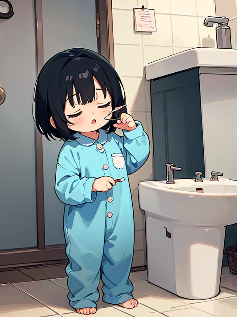 One , Open your mouth, Black Hair, Bob Hair, bangs, Sleepy, Character design drawings, anime, Ghibli-style colors, Gentle colors, In pajamas、Pink T-shirt and pink shorts、5 years old、、Bathroom、Standing with a toothbrush