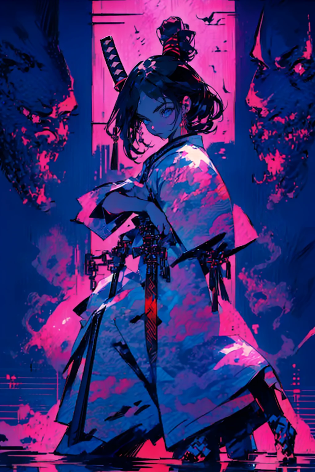 1girl,solo,cool,kimono,japanese style,samurai girl,holding katana,looking at viewer,fighting stance