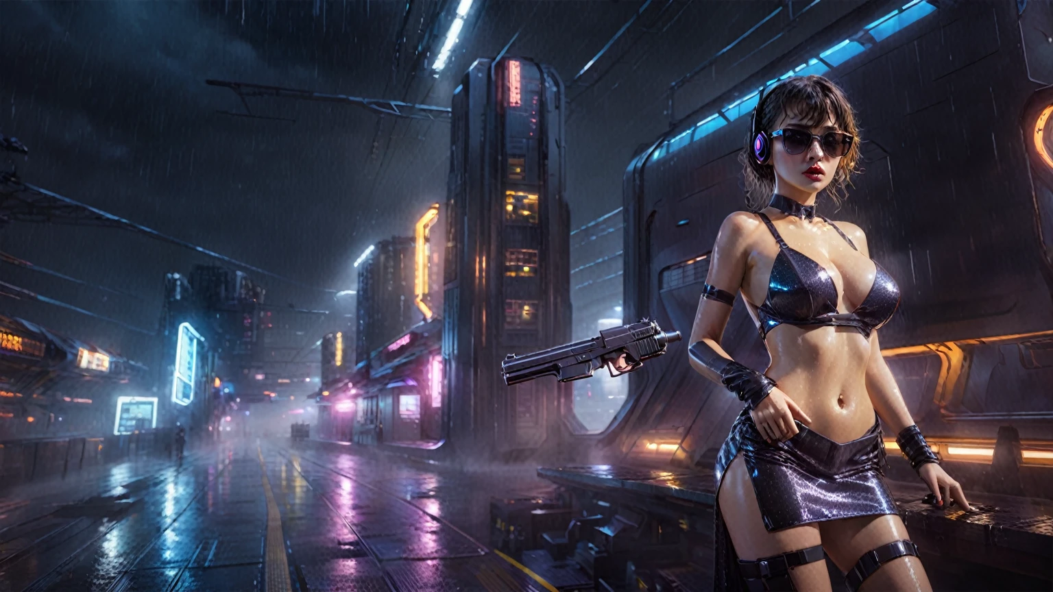 (((aerial view))), Blade Runner style futuristic railway platform, hi-tech train, neon lights, rainy night. (1girl, solo, alone), large-breast:1.2 slim body, cleavage:1.1, sexy wind blowing wet dress:1.4, headphone, (black sunglasses), (((she raised a pistol:1.8 and shot:1.8 the viewer))), dynamic pose, (((half-body thigh level medium shot))), cinematic lighting, lens flare, ray tracing, blurred:1.4 background.