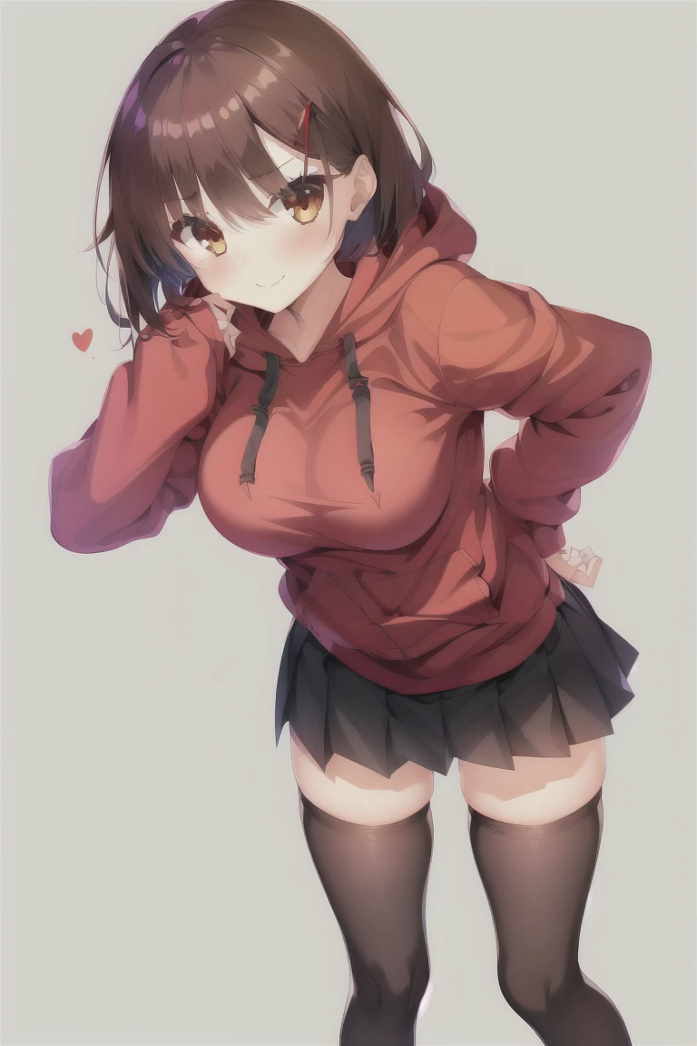 1girl,high_resolution,standing,simple_background,bangs,(red_hoodie:1.3),(black_pleated_skirt:1.35),bob_hair,brown_hair,独奏,black_skirt,blush,skirt,white_background,breasts,eyebrows_ass visible_through_hair,short_hair,smile,red_eyes,looking_at_viewer,thighhighs,long_sleeves,medium_hair,thighs,hair_ornament,hairclip,medium_breasts,shoes,zettai_ryouiki,hood,hoodie,sneakers,brown_legwear,feet_out_of_frame,hood_down,sleeves_past_wrists,drawstring,red_hoodie,expensive_solve, clear_image, expensive_Contrast, 8k, Sparkling, beautiful_detailed_face_and_eye, (Brown Hair:1.25), 白 eye,White background,White background