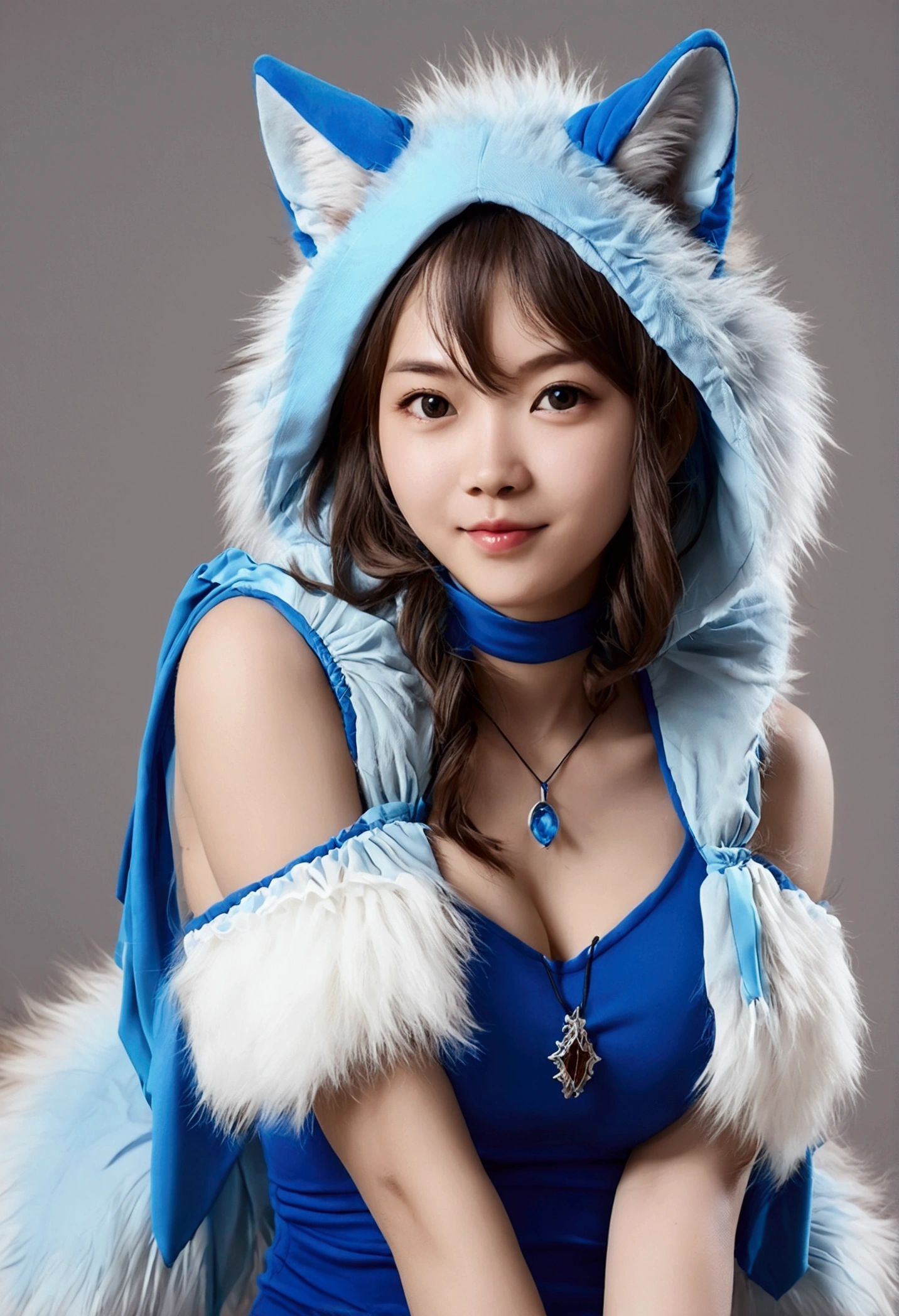 1 girl, Blue fur, Wolf Girl, Medium chest, , Portraiture, Simple Background, (Furry:1.5)