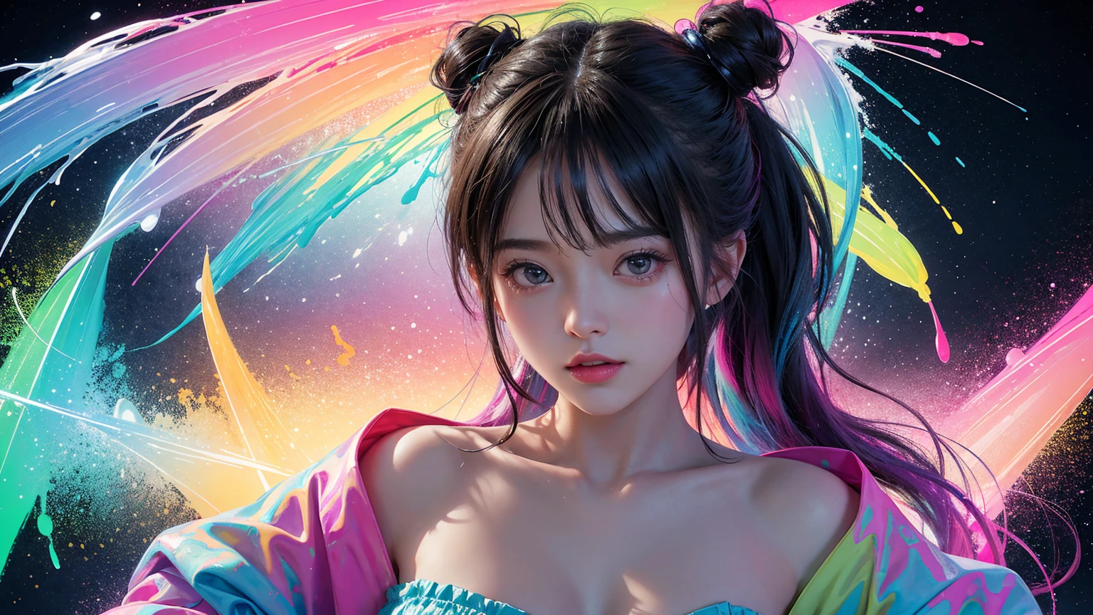 ((1 girl)), colorful, Dot, colorfulなペイント, Splash Paint, liquid, fog, Bright colors, matrix, hologram, Confused, detailed, 非常にdetailed, 非常にdetailed, Complex, masterpiece, 8k,khd,8k resolution,masterpiece