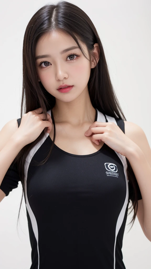 (((forehead、Northern Europe、White、beautiful girl、Black Hair、White Background、training wear、cute、young、True Face、Shiny Hair、whole body)))、Tabletop, Highest quality, shape, Very detailed, finely, High resolution, 8k wallpaper, Perfect dynamic composition, finelyて美しい目, Deco Out,blonde, chest, Natural color lip,White Background, random cute poses,