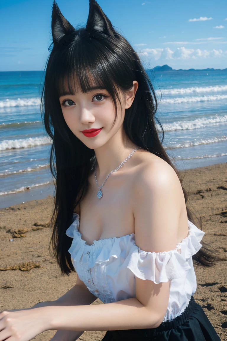 ulzzang-6500-v1.1,(raw photo:1.2),((photorealistic:1.30)), ((best quality)) ,((masterpiece)),((Ultra High Resolution)), ((Clear View)),,Ultra-high resolution,Clear face,(Reality:1.4) , illustration, an extremely delicate and beautiful, extremely detailed ,CG ,unity ,8k wallpaper, Amazing, finely detail, masterpiece,best quality,official art,extremely detailed CG unity 8k wallpaper,absurdres, incredibly absurdres, huge filesize, ultra-detailed, highres, extremely detailed,beautiful detailed girl, extremely detailed eyes and face, beautiful detailed eyes,light on face,cinematic lighting, 1girl, 独奏, bangs, long hair,twintails, hair ribbon, jirai kei attire, jirai kei, black thighhighs, high heels, jewelry, collarbone, earrings,smile, necklace, (standing), (medium breasts:1.3), (shagging breasts) Naughty, On the beach, Beach sand, waves, (Beach:1.5),basking under the sun, sharp baby face, cute, Small face, Small mouth, small lips, (Animal ears:1.3)