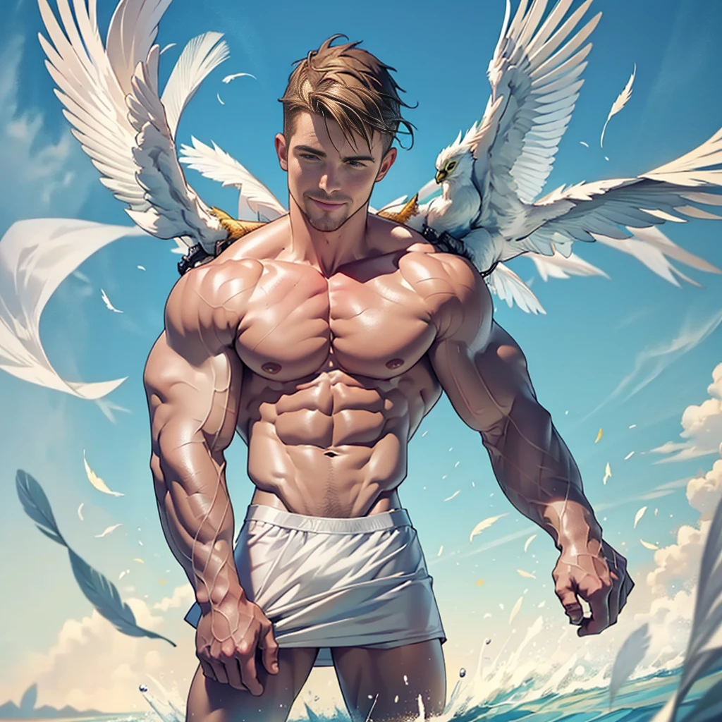 Clear background、A handsome tall man standing (((Stephen AMELL))) ,He is 28 years old，Thin waist，The pectoral muscles are well developed, He is 175cm tall，Weight 62 kg、yellow-green eyes、brown hair color、short hair、Topless、underwear、looking into camera，Smile，Lots of falling feathers,Covered in transparent white sheets,Kneeling on the bed,pillow fight,holding pillow in hand,White feathers are floating everywhere,