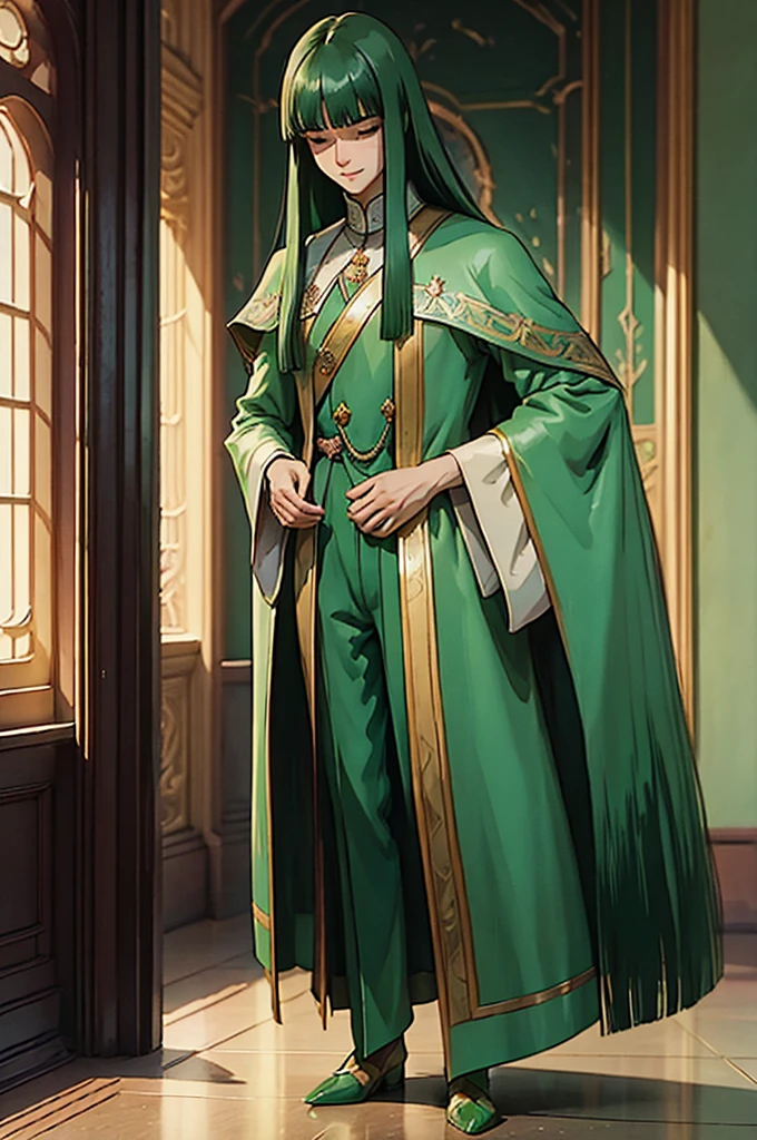 a young boy with long green hair down to his feet, straight green hair, bangs covering his eyes, with a sweet smile, wearing elegant princely child's clothing, fantasy creature, highly detailed, photorealistic, 8k, masterpiece, cinematic lighting, dramatic shadows, vivid colors, beautiful digital painting, concept art