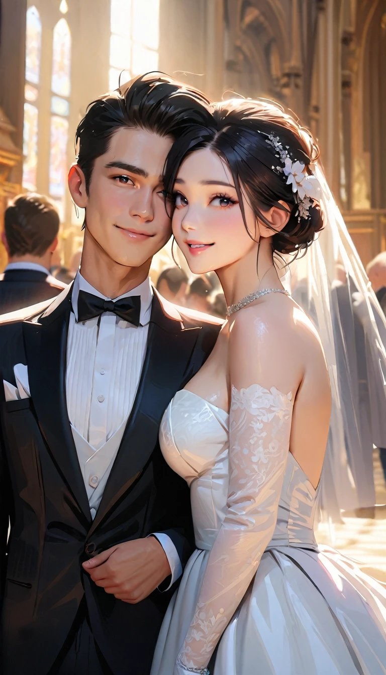 modern, Verism, masterpiece, textured skin, super detail, best quality, 4K , (((head shot))),Male and female couple standing side by side,a woman,Wedding dress, One handsome 25-year-old ,tuxedo,church,wedding,Happy atmosphere, People who bless those around, Blurred background,Hyperrealistic