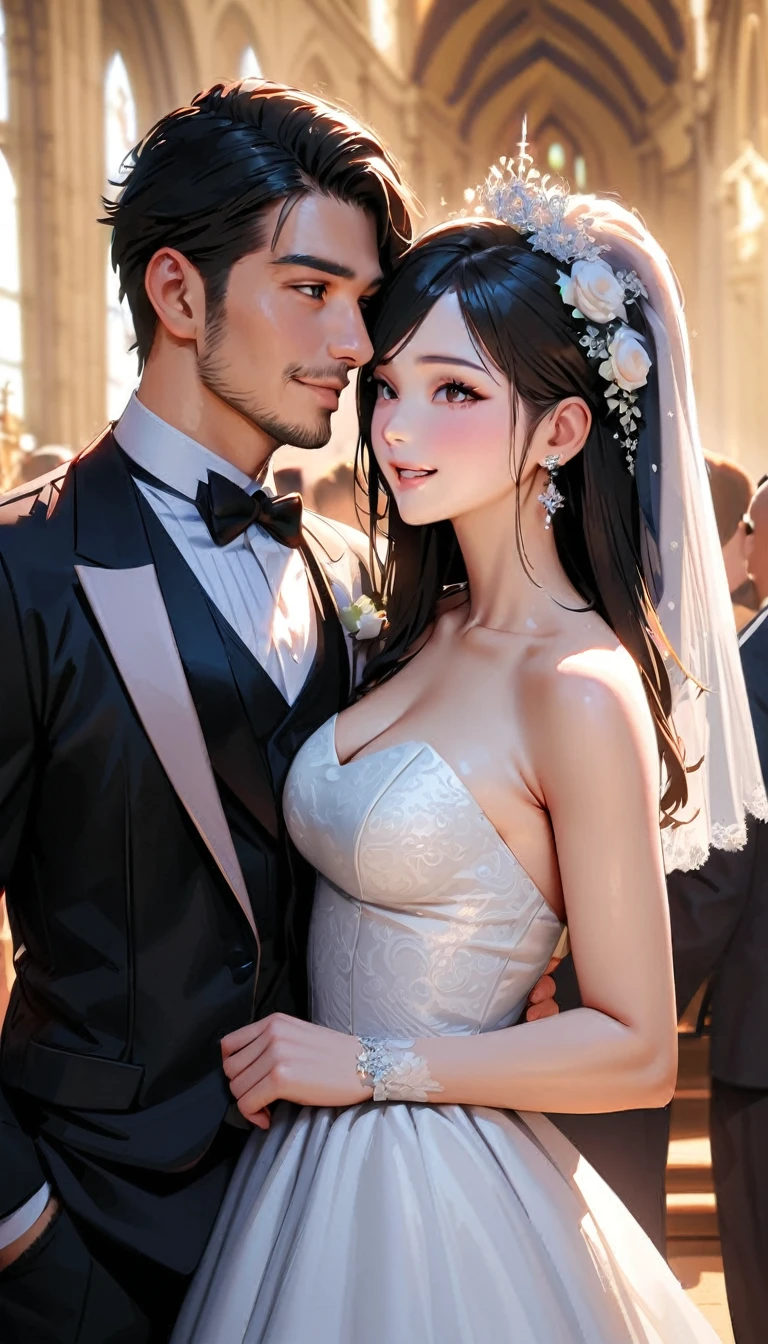 modern, Verism, masterpiece, textured skin, super detail, best quality, 4K , (((head shot))),Male and female couple standing side by side,a woman,Wedding dress, One handsome 25-year-old ,tuxedo,church,wedding,Happy atmosphere, People who bless those around, Blurred background,Hyperrealistic