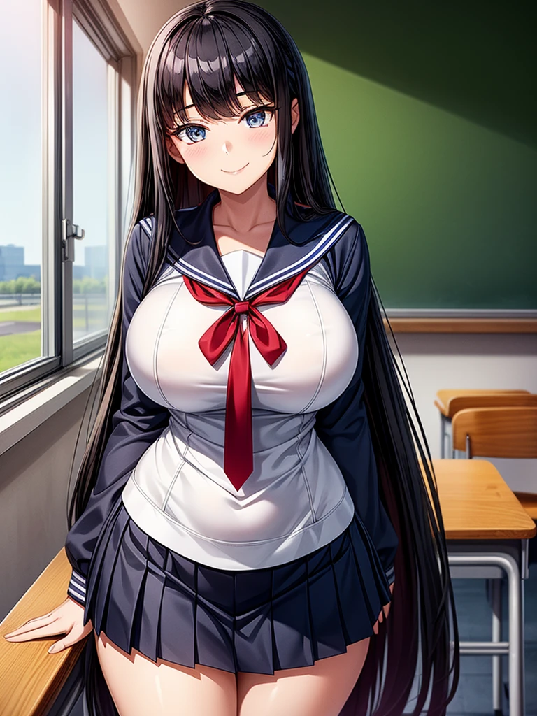 Top quality, classroom, high school girl, beautiful face, beautiful eyes, intelligent look. beautiful woman, elegant face, intelligent face, bewitching smile, beautiful glossy black hair, straight long hair, huge breasts, curvaceous beauty, narrow waist, , White sailor uniform, red ribbon tie, short navy pleated skirt, elegant behavior