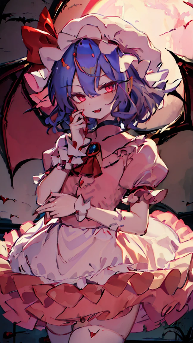 Anime Girl, Fine skin, (masterpiece, highest quality, 8K ultra-high resolution:1.4), beautiful detailed eyes, ultra-detailed,
((from above, Only the upper body and head can be seen, claw pose)),
remilia_scarlet_touhou, 
red_eyes, short_hair, blue_hair,  hair_between_eyes, bangs, smile, open mouth, red nail,
mob_cap, ((pink amd wihte dress, puffy short sleeves)), red_ribbon, 
fang, fangs, vampire, bat_wings, wings, hat, 
red moon night,