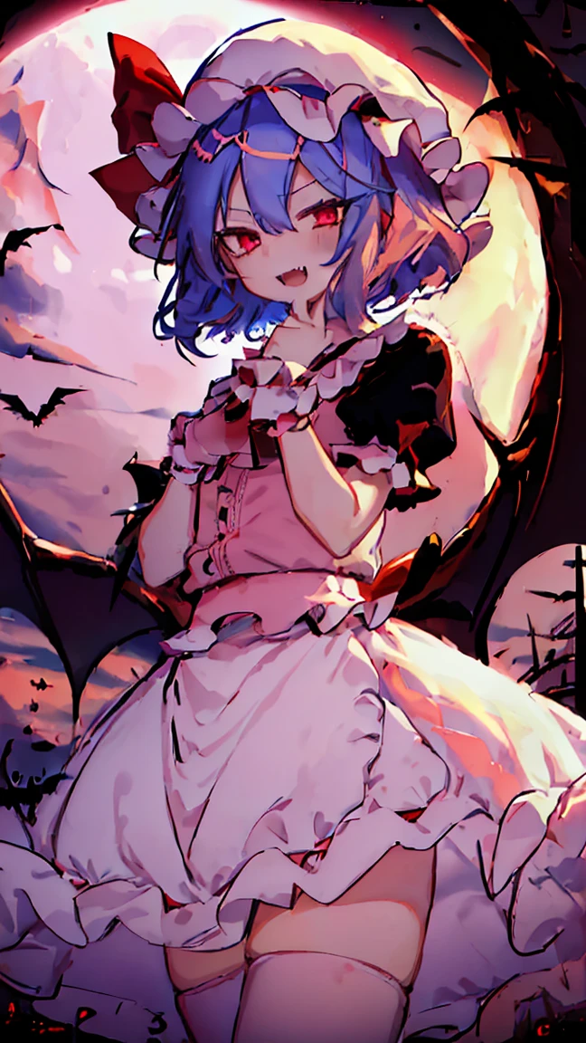 Anime Girl, Fine skin, (masterpiece, highest quality, 8K ultra-high resolution:1.4), beautiful detailed eyes, ultra-detailed,
((from above, Only the upper body and head can be seen, claw pose)),
remilia_scarlet_touhou, 
red_eyes, short_hair, blue_hair,  hair_between_eyes, bangs, smile, open mouth, red nail,
mob_cap, ((pink amd wihte dress, puffy short sleeves)), red_ribbon, 
fang, fangs, vampire, bat_wings, wings, hat, 
red moon night,