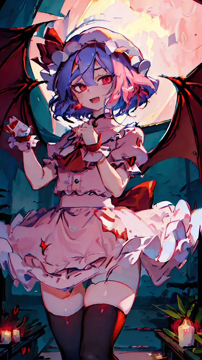 Anime Girl, Fine skin, (masterpiece, highest quality, 8K ultra-high resolution:1.4), beautiful detailed eyes, ultra-detailed,
((from above, Only the upper body and head can be seen, claw pose)),
remilia_scarlet_touhou, 
red_eyes, short_hair, blue_hair,  hair_between_eyes, bangs, smile, open mouth, red nail,
mob_cap, ((pink amd wihte dress, puffy short sleeves)), red_ribbon, 
fang, fangs, vampire, bat_wings, wings, hat, 
red moon night,