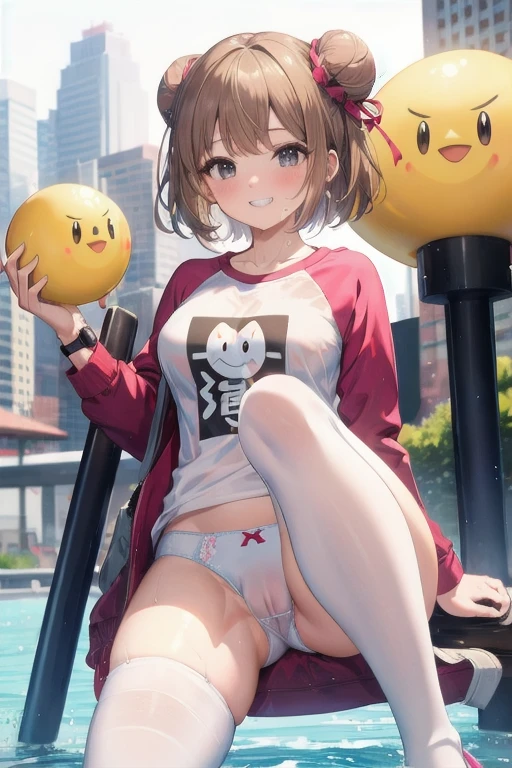 masterpiece, best quality, High resolution, b1, Hair Bun,Brown hair, black eyes, White pantyhose, Raglan sleeves, shirt, 乳首がshirtから透けて見える、pink ribbon, watch, Standing, Cowboy shooting, site, Monster Ball \(basic\), Grin、(Rosa_Pokémon)、(((From the lower thigh)))、sit on face、我手里拿着大腿Monster Ball、(((The opening of your legs)))、underwear,乳首がshirtから透けて見える、Fleshy,short hair,View from below,Pussy crack,Thick thighs,Cunt hair,Wet underwear,Bun cunt