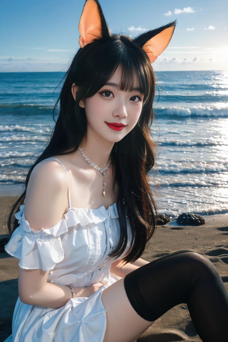 ulzzang-6500-v1.1,(raw photo:1.2),((photorealistic:1.30)), ((best quality)) ,((masterpiece)),((Ultra High Resolution)), ((Clear View)),,Ultra-high resolution,Clear face,(Reality:1.4) , illustration, an extremely delicate and beautiful, extremely detailed ,CG ,unity ,8k wallpaper, Amazing, finely detail, masterpiece,best quality,official art,extremely detailed CG unity 8k wallpaper,absurdres, incredibly absurdres, huge filesize, ultra-detailed, highres, extremely detailed,beautiful detailed girl, extremely detailed eyes and face, beautiful detailed eyes,light on face,cinematic lighting, 1girl, 独奏, bangs, long hair,twintails, hair ribbon, jirai kei attire, jirai kei, black thighhighs, high heels, jewelry, collarbone, earrings,smile, necklace, (sitting), (medium breasts:1.3), (shagging breasts) Naughty, On the beach, Beach sand, waves, (Beach:1.5),basking under the sun, sharp baby face, cute, Small face, Small mouth, small lips, (Animal ears:1.3)