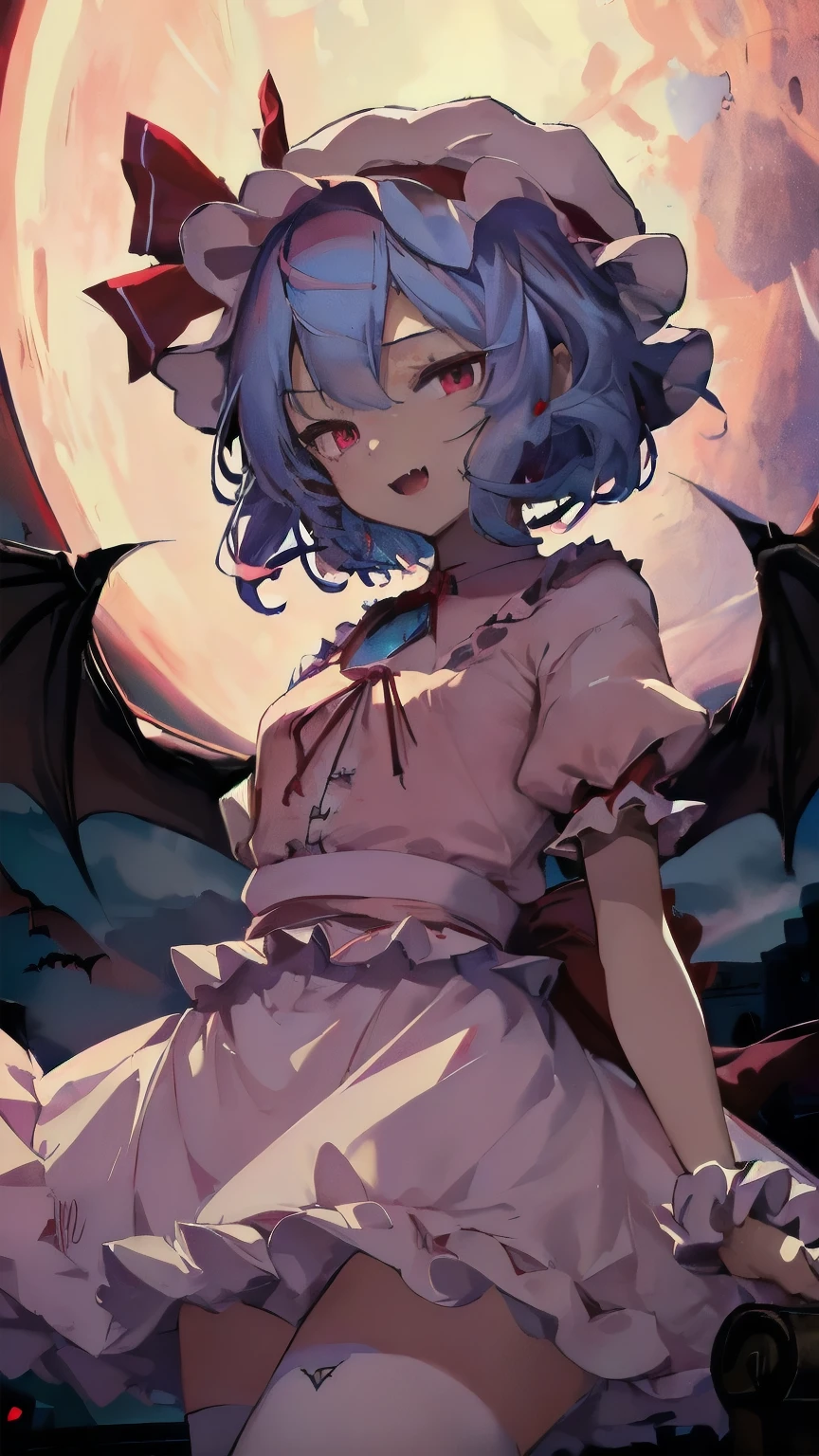 Anime Girl, Fine skin, (masterpiece, highest quality, 8K ultra-high resolution:1.4), beautiful detailed eyes, ultra-detailed,
((from above, Only the upper body and head can be seen, claw pose)),
remilia_scarlet_touhou, 
red_eyes, short_hair, blue_hair,  hair_between_eyes, bangs, smile, open mouth, red nail,
mob_cap, ((pink dress, puffy short sleeves)), red_ribbon, 
fang, fangs, vampire, bat_wings, wings, hat, 
red moon night,
