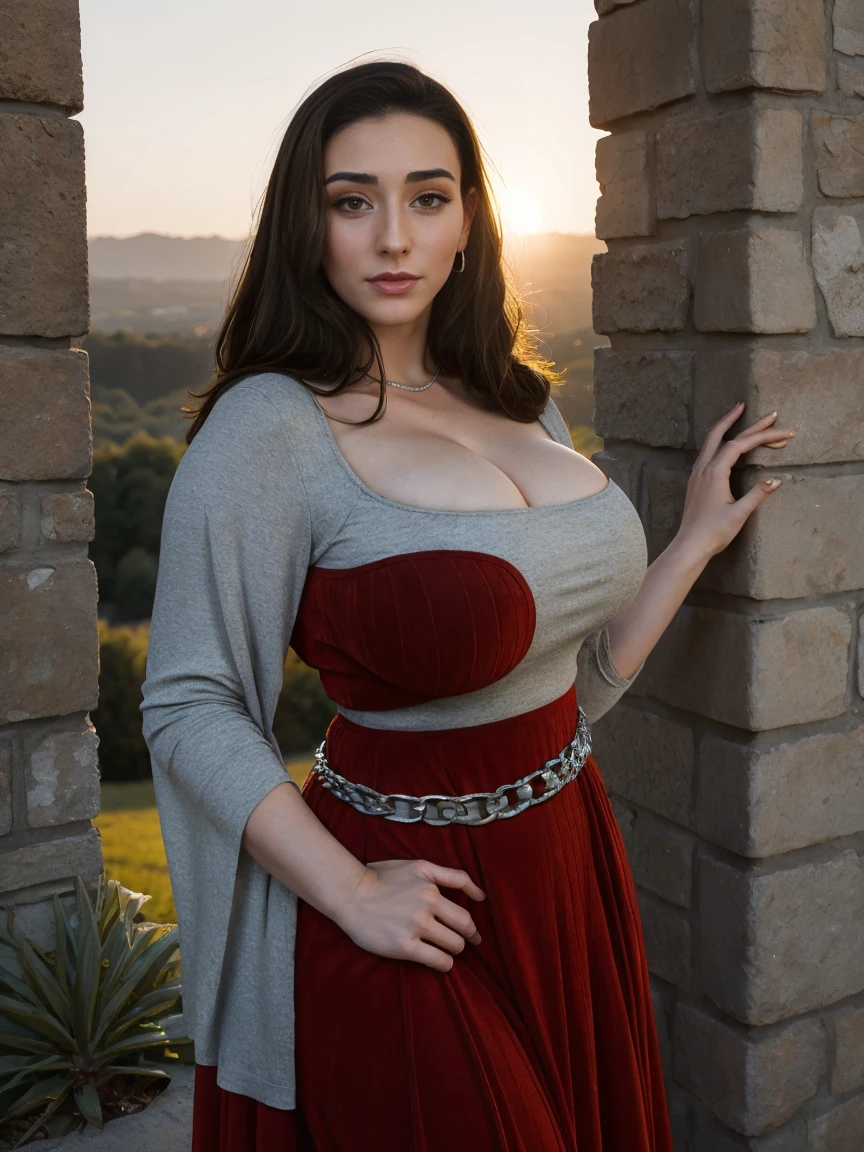 Gorgeous and sultry busty athletic (thin) brunette queen with sharp facial features wearing a modest updo, dark red medieval dress, long sleeves, wide neck, crown, veil, long dress, tight bodice, silver belt, (medieval waist chain), medieval jewelry, Middle Ages, castle, rampart, wall, exterior, on top of a castle wall, trees, countryside, evening, sunset.