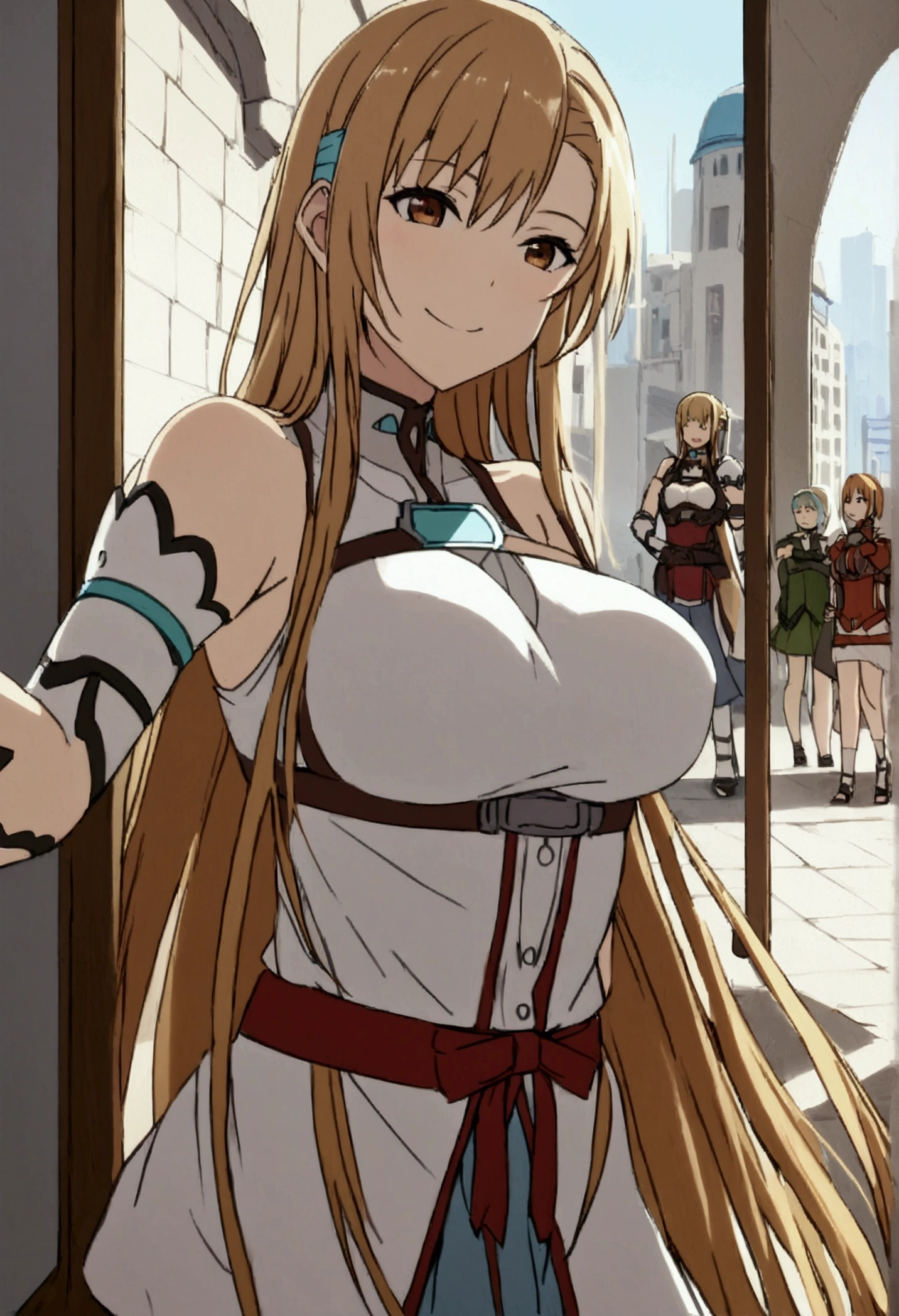 Asuna, length_hair, Chest乳头裸露, Lookexistg_exist_audience, Smile, Blonde_hair, Brown_Eye, Large target_Chest, bikexisti_armor, skirt, pause, existdoor, City