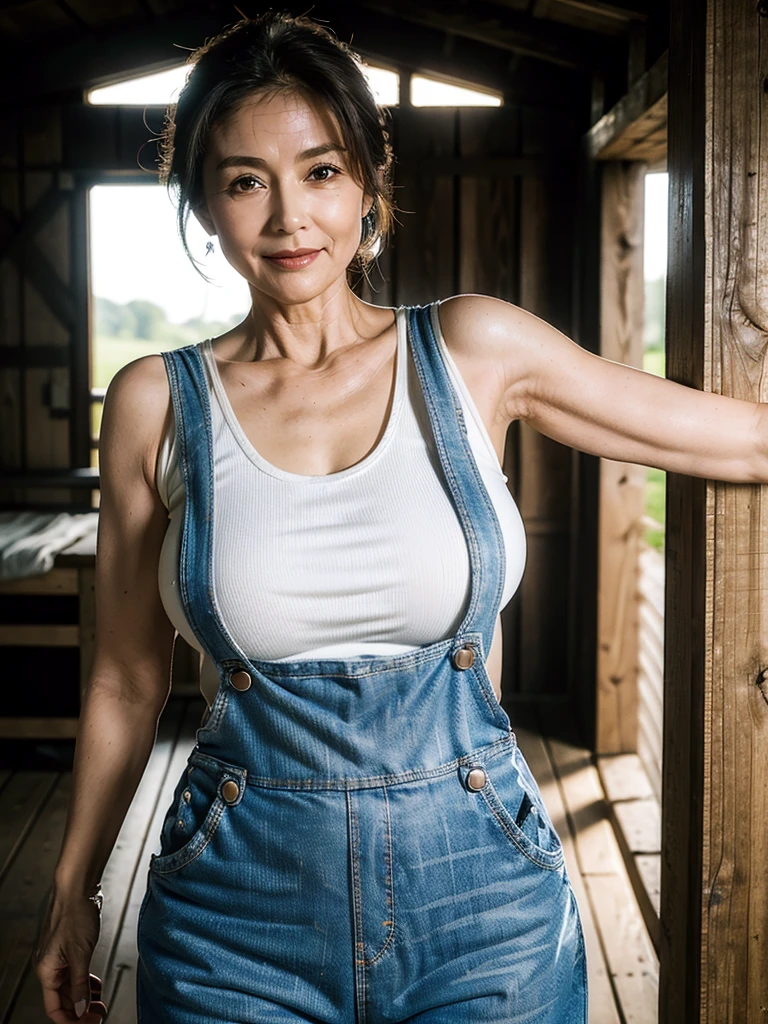 (masterpiece:1.4), ((Beautiful 60 year old woman:1.5)),(Facial wrinkles : 1.2), gentle smile, (white tank-tops : 1.2), (Dungarees : 1.2), (black Rubber boots), (plump body : 1), extremely white skin, pores, skin blemishes, dull skin, mid-length hair, enormous saggy breasts, (hanging breasts), plump thighs, working as a farmer, on a barn, detailed backgrounds, sunrise