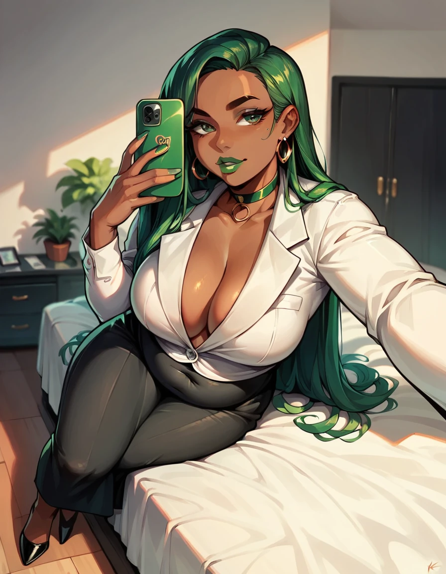 ((best quality)), ((8k)), beautiful woman, ((african skin)), green hair, long hair, black and white suit, black heels, ((bedroom)), green lipstick, black choker, green eyes, chubby, taking selfie, sensual